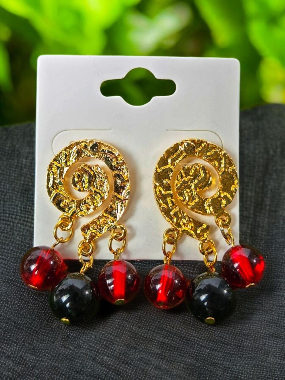 Gold Tone Spiral Drop Earrings with Red and Black Beads Stud Earrings